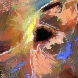 May include: Abstract painting with bold strokes of yellow, orange, brown, and blue paint. The colors are blended together to create a sense of movement and energy.