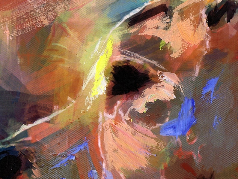 May include: Abstract painting with bold strokes of yellow, orange, brown, and blue paint. The colors are blended together to create a sense of movement and energy.