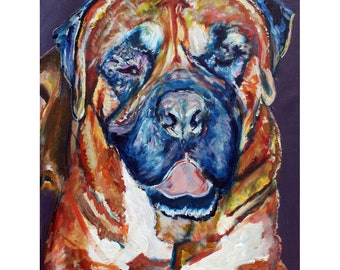 Bull Mastiff Art Print: Quirky Colorful Dog Portrait, Signed