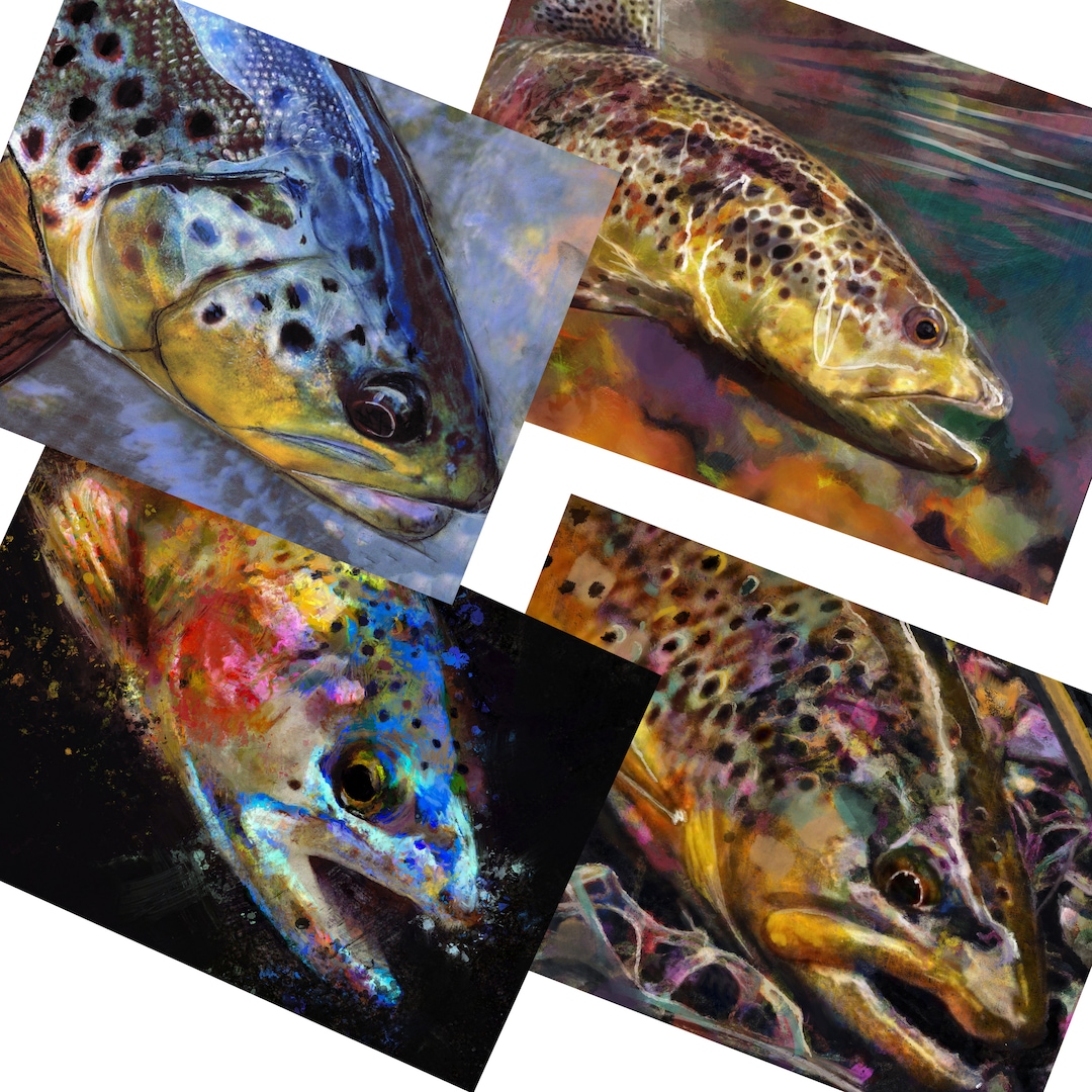 Trout Wall Décor Collection FOUR Trout Abstract Art Prints, Fly Fishing