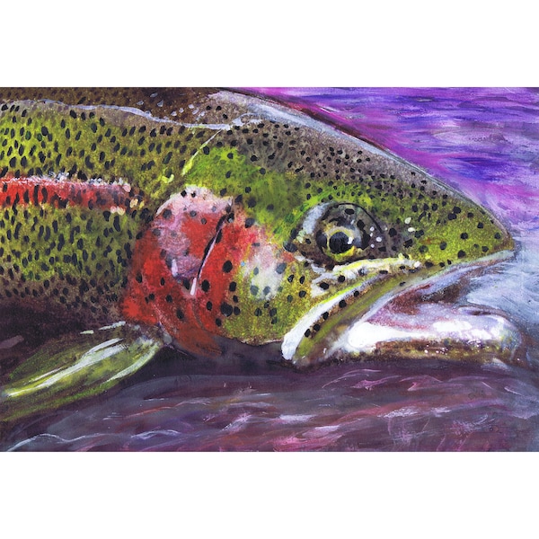 Rainbow Forel Steelhead Aquarel Abstract Wall Art Print - Vliegvissen Cadeau voor hem, Hand Ondertekend Vis Aquatische Mariene Natuur 8x10 a4 a3