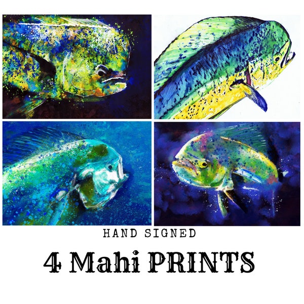 Impresiones de arte de pared de Mahi-Mahi Dolphinfish firmadas a mano - Decoración de pesca de Florida - Elección de tamaños - Idea de regalo de pesca - Arte Sealife