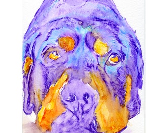May include: Watercolor painting of a Rottweiler dog's head. The dog's fur is painted in shades of purple and blue, with orange accents around the eyes and nose.