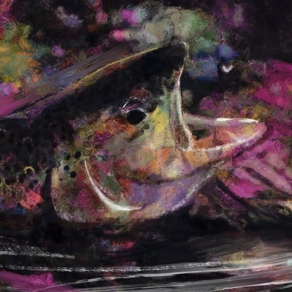 Rising Trout Abstract Art Print, Fly Fisherman Gift fly Fishing