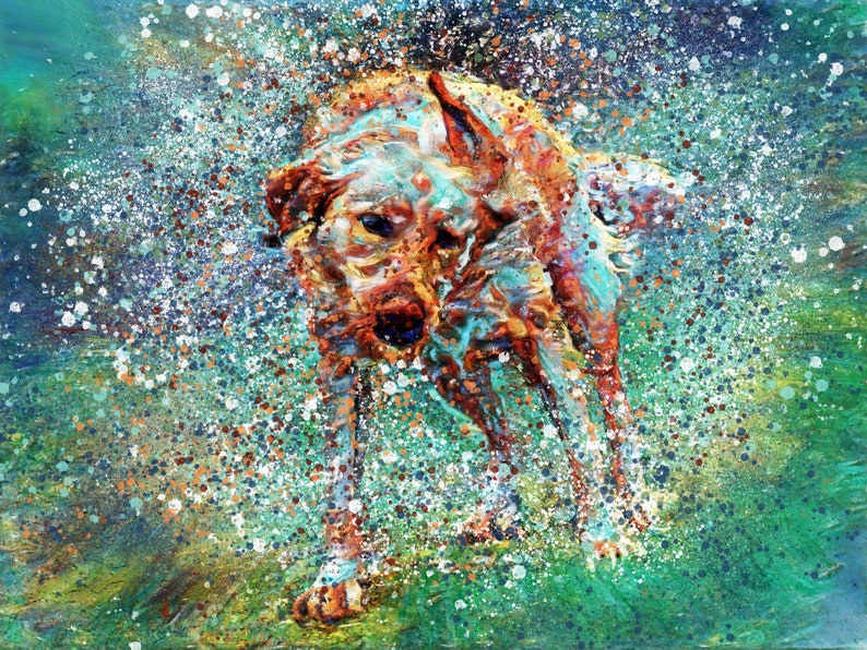 May include: A golden brown dog with a white and blue splatter paint effect, shaking off water, against a green and blue background.