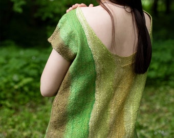 Felted silk  blouse , Top with open back, Designer green  top