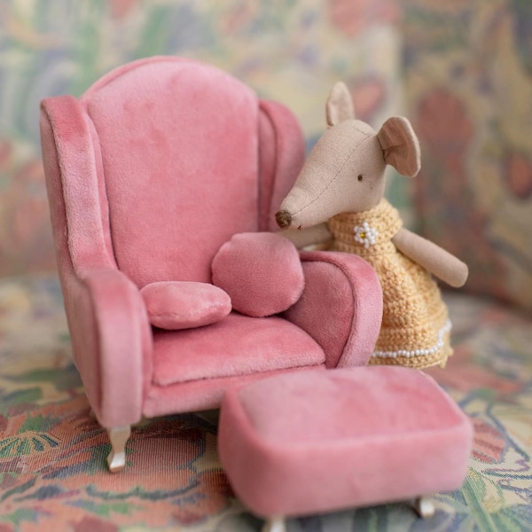 Handgemachte Miniatur Samt Sessel + Ottomane 1:12 skala, Maileg Maus Puppenhaus Möbel für puppenhaus