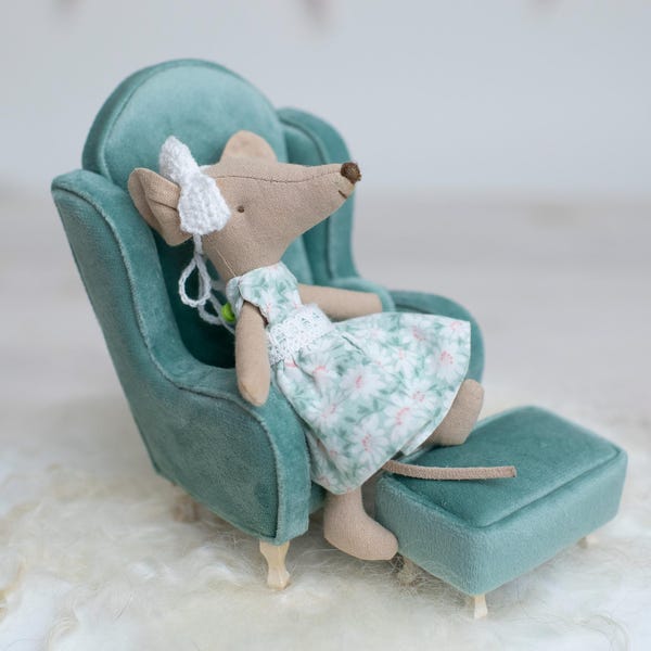 Handmade Miniature Velvet Armchair + ottoman 1:12 scale , Maileg Mouse Dollhouse Furniture for dollhouse