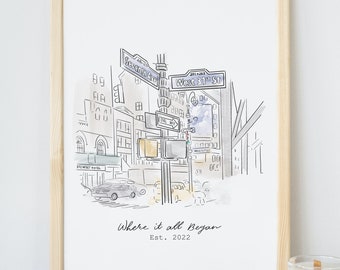 Custom Hand Drawn Venue Portrait From Photo, Where It All Began, Location Drawing, Anniversary Gift
