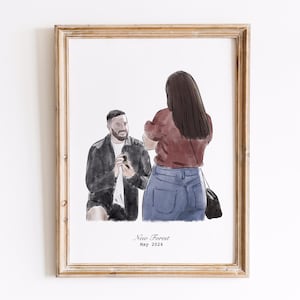 Retrato de noivado em aquarela personalizado, desenhado à mão, onde tudo começou, pintura a partir de foto, presente para pedido de casamento, arte para memórias de viagem, presente para casais