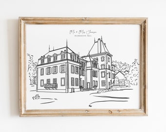 Portrait de ligne de lieu de mariage sur mesure, dessin de lieu personnalisé, croquis en noir et blanc à partir d’une photo, impression de mémoire personnalisée, art du lieu préféré