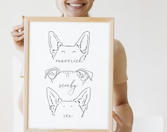 Minimalist Custom Pet Ears Line Art, Dog Tattoo Design, Custom Dog Ears Outline Drawing, Pet Loss Gift, Minimalistic Cat Portrait from Photo