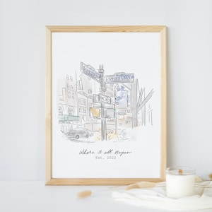 Gepersonaliseerde favoriete plek aquarelschets, op maat gemaakte reisherinneringen illustratie, waar het begon, aangepaste landschapstekening