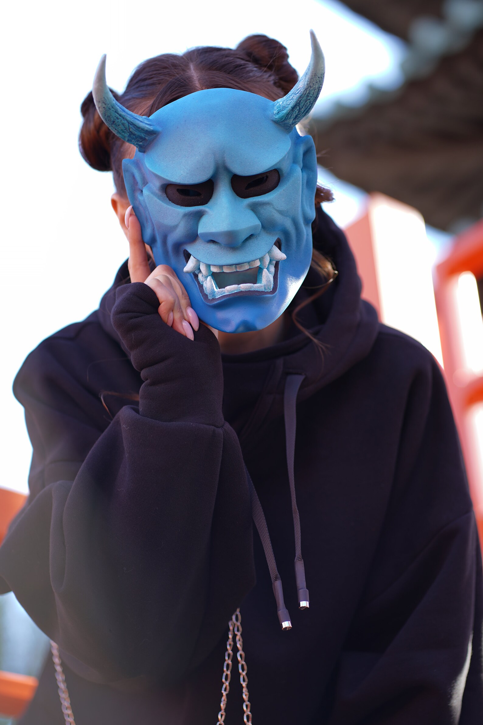Oni demon face mask. Japanese theater blue ghost. Etsy