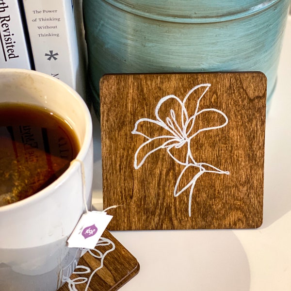 Hand Painted Wood Coasters with Floral Design Single Coaster or Set of 4 - 6