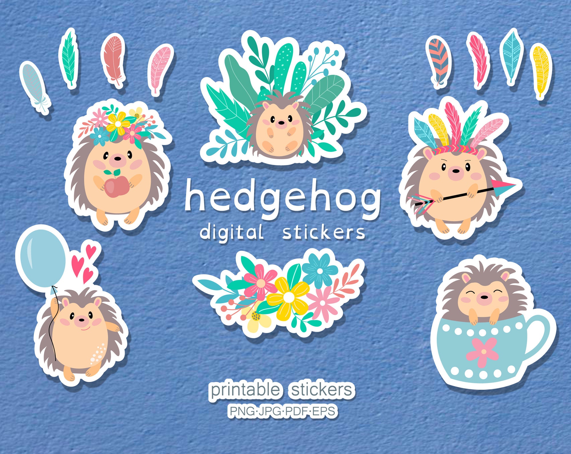 Hedgehog Stickers. Printable Stickers. Digital Stickers. Kids Etsy