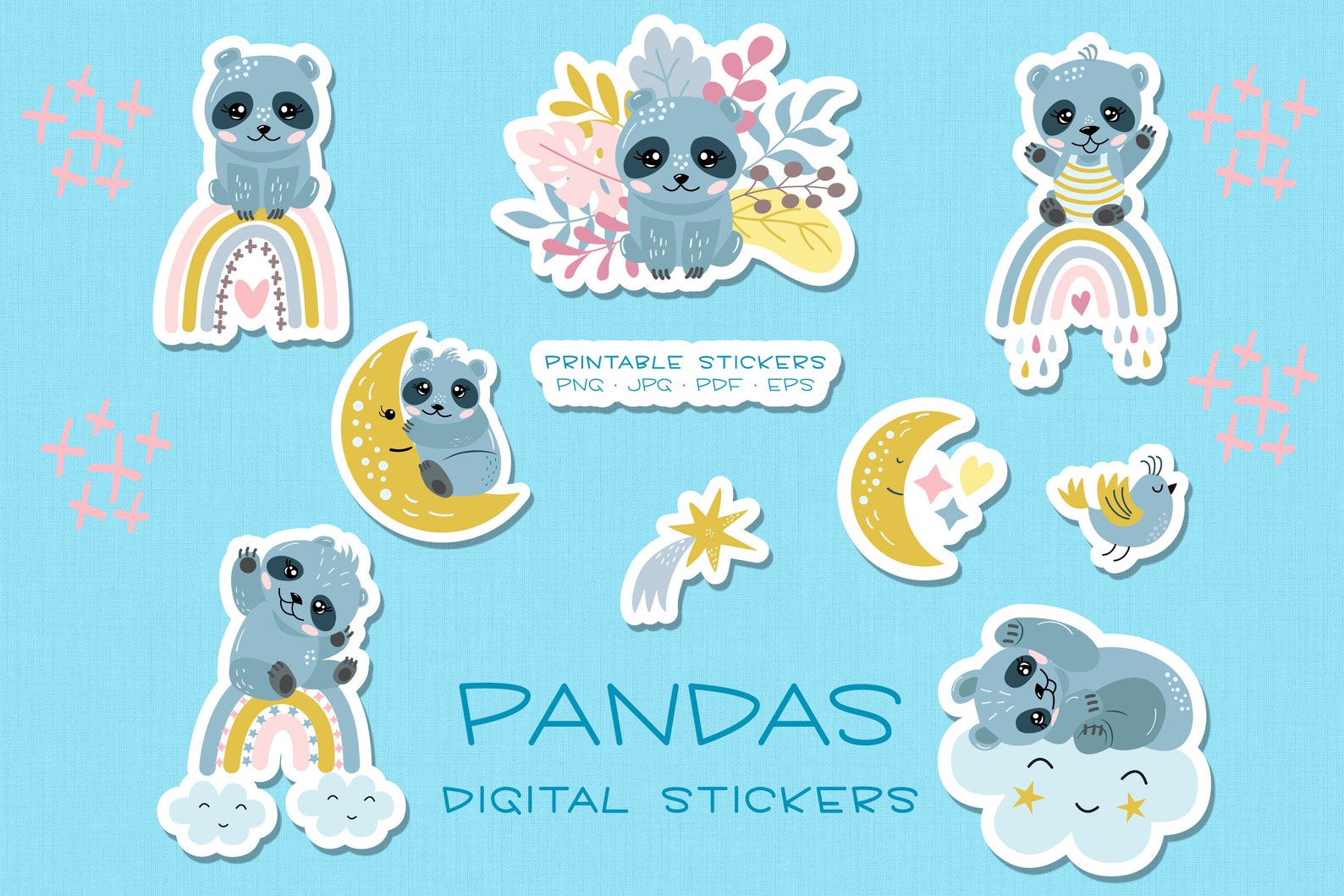 Panda Stickers. Printable Stickers. Digital Stickers. Sticker | Etsy