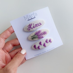 Embroidered hair clip with lavender, personalized hair clip, embroidered hair clip nature, embroidered hair clip with purple hearts
