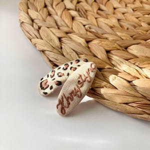 handmade embroidered linen hair clip with leopard print,trendy handmade embroidered hair clip,handmade embroidered linen hair clip with name