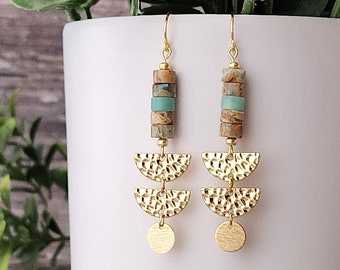 Aqua terra jasper earrings, Long gold boho earrings, Natural stone earrings, Geometric dangle earring, Unique handmade bohemian jewelry gift