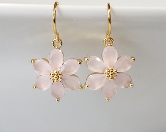 Pink flower dangle earrings, Dainty light pink and gold floral earrings, Minimalist elegant zircon crystal flower, Gemstone jewelry gift