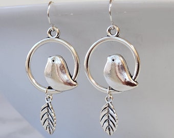 Bird earrings, Silver earrings, Nature earrings, Minimalist earrings, Dangle earrings, Animal earrings, Dainty earrings, Leaf earrings