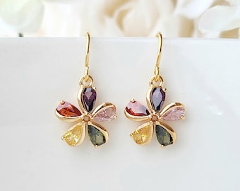 Small flower dangle earrings, Colorful gold flower earrings, Cute dainty floral jewelry, Zircon Gemstone flowers, Elegant gift for her