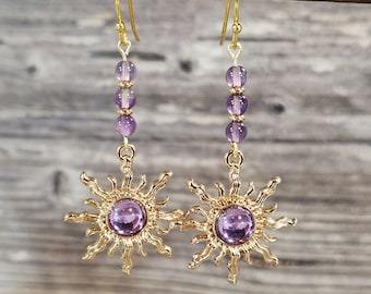 Sun earrings, Amethyst earrings, Boho earrings, Celestial jewelry, Gold dangle earrings, Long earrings, Statement earrings, Purple earring