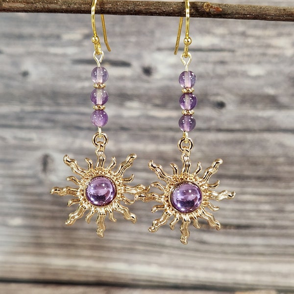 Sun earrings, Amethyst earrings, Boho earrings, Celestial jewelry, Gold dangle earrings, Long earrings, Statement earrings, Purple earring