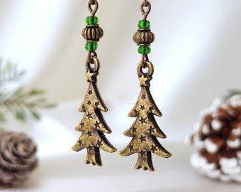 Christmas tree earrings, Pine tree dangle earrings, Bronze boho earrings, Rustic green and brown beaded earrings, Festive winter jewelry