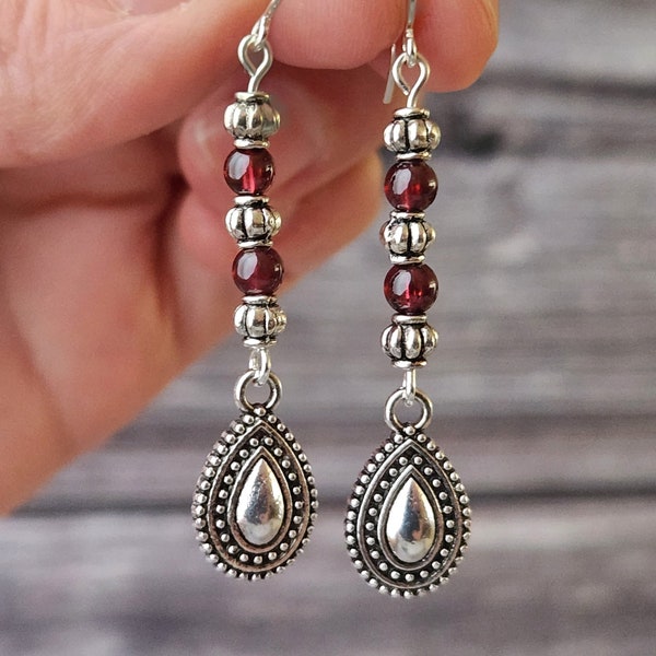 Garnet earrings, Boho earrings, Silver dangle earrings, Teardrop earrings, Beaded earrings, Rustic earrings, Gemstone earrings, Gift for her