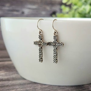 Cross earrings, Rustic antique silver earrings, Christian jewelry, Silver dangle earrings, Religious faith gift, Simple everyday earrings