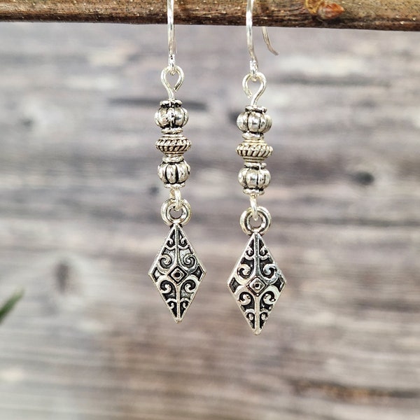 Boho earrings, Small silver dangle earrings, Rustic earrings, Tribal earrings, Bohemian jewelry, Antique silver earrings, Ethnic earrings