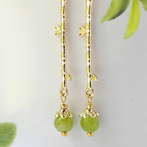 Jade bamboo earrings, Asian earrings, Green earrings, Jade stone earrings, Gold earrings, Dangle earrings, Nature earrings, Long earrings