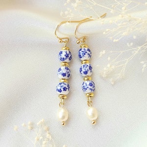 Blue and white porcelain earrings, Chinoiserie earrings, Gold freshwater pearl earrings, Long flower dangle earrings, Elegant floral jewelry