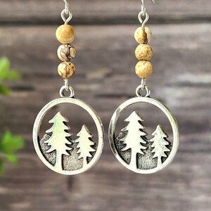 Tree earrings, Pine tree earrings, Silver boho earrings, Jasper earrings, Nature earrings, Rustic earrings, Woodland earrings, Earthy brown