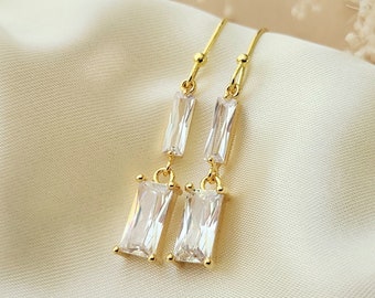 Clear zircon dangle earrings, Gold and clear gemstone earrings, Elegant baguette earrings, Rectangle earrings, Handmade jewelry gift for her
