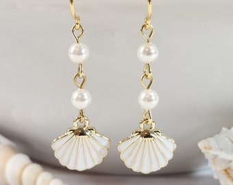 Shell earrings, Pearl earrings, Beach earrings, Seashell earrings, Clam earrings, White earrings, Gold dangle earrings, Dainty earrings