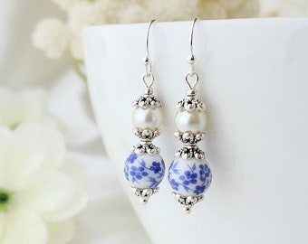 Porcelain earrings, Pearl earrings, Victorian earrings, Flower earrings, Chinoiserie earrings, Silver dangle earrings, Blue white earrings