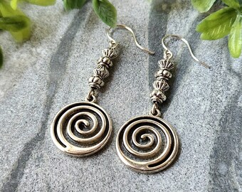 Spiral earrings, Boho earrings, Silver earrings, Dangle earrings, Geometric earrings, Bohemian beaded earrings, Modern earring, Gift for her