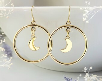 Moon dangle hoop earrings, Celestial earrings, Gold crescent moon earrings, Simple boho chic earrings, Minimalist earring, Moon jewelry gift
