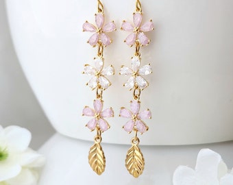 Cherry blossom earrings, Flower earrings, Long dangle earrings, Gold earrings, Pink earrings, Sakura earrings, Leaf earrings, Gift for her