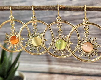 Sun earrings, Gold earrings, Boho dangle earrings, Celestial earrings, Bohemian hoop earrings, Orange green peach, Fun colorful earrings
