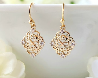 Gold filigree dangle earrings, Dainty elegant earrings, Clear zircon gemstone, Small gold minimalist earrings, Handmade jewelry gift for her