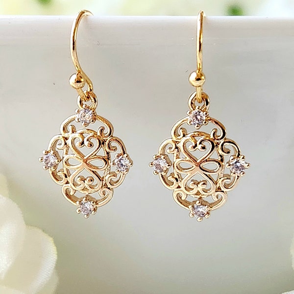 Gold filigree dangle earrings, Dainty elegant earrings, Clear zircon gemstone, Small gold minimalist earrings, Handmade jewelry gift for her