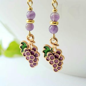 Grape earrings, Amethyst earrings, Purple earrings, Fruit earrings, Gold earrings, Dangle earrings, Unique earrings, Handmade gift for her