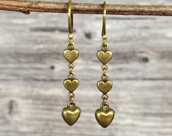 Heart earrings, Boho earrings, Antique bronze earrings, Rustic jewelry, Bronze dangle earrings, Earthy brown earrings, Valentine's Day Gift