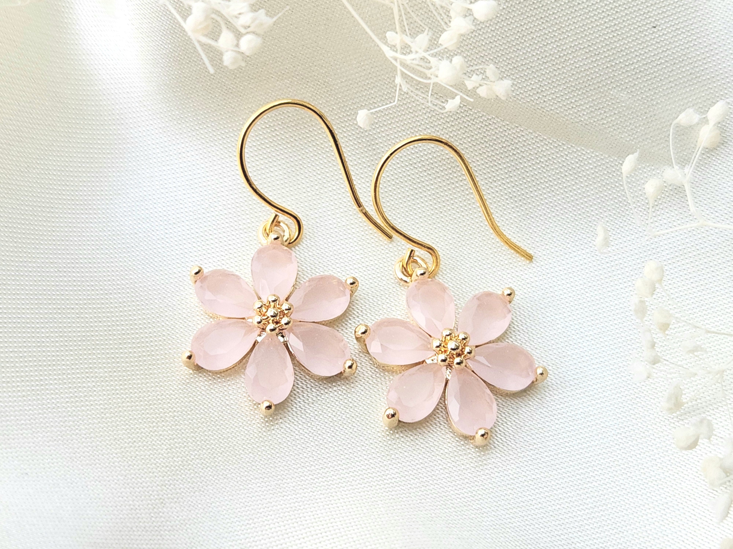 Pink Flower Dangle Earrings, Dainty Light Pink and Gold Floral