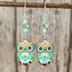 Owl earrings, Bird earrings, Boho earrings, Colorful earrings, Animal earrings, Nature earrings, Turquoise earrings, Silver dangle earrings