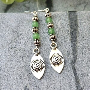 Aventurine dangle earrings, Silver boho earrings, Sun dangle earrings, Silver and green earrings, Southwestern jewelry, Celestial earrings